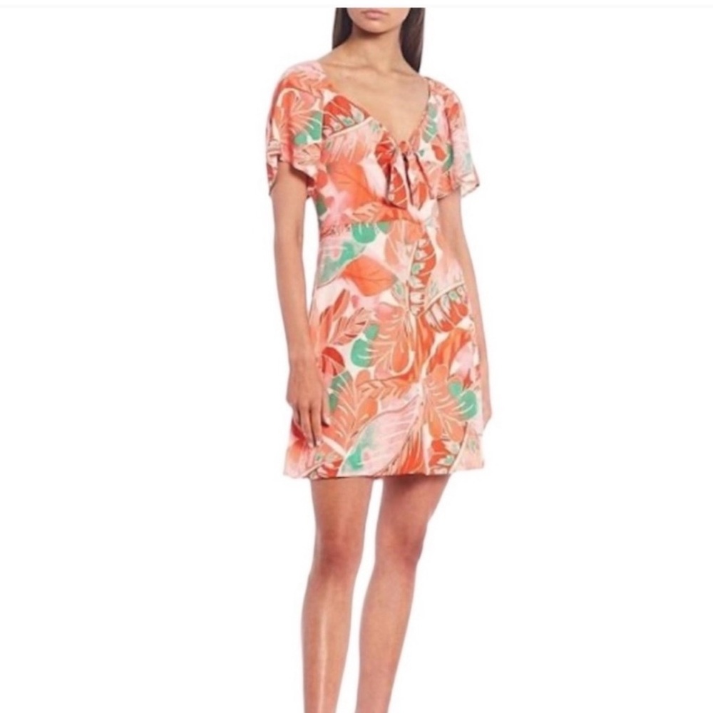 NEW Gianni Bini  Tropical Flounce Orange Pink Short Sleeve Tie Front Mini Dress